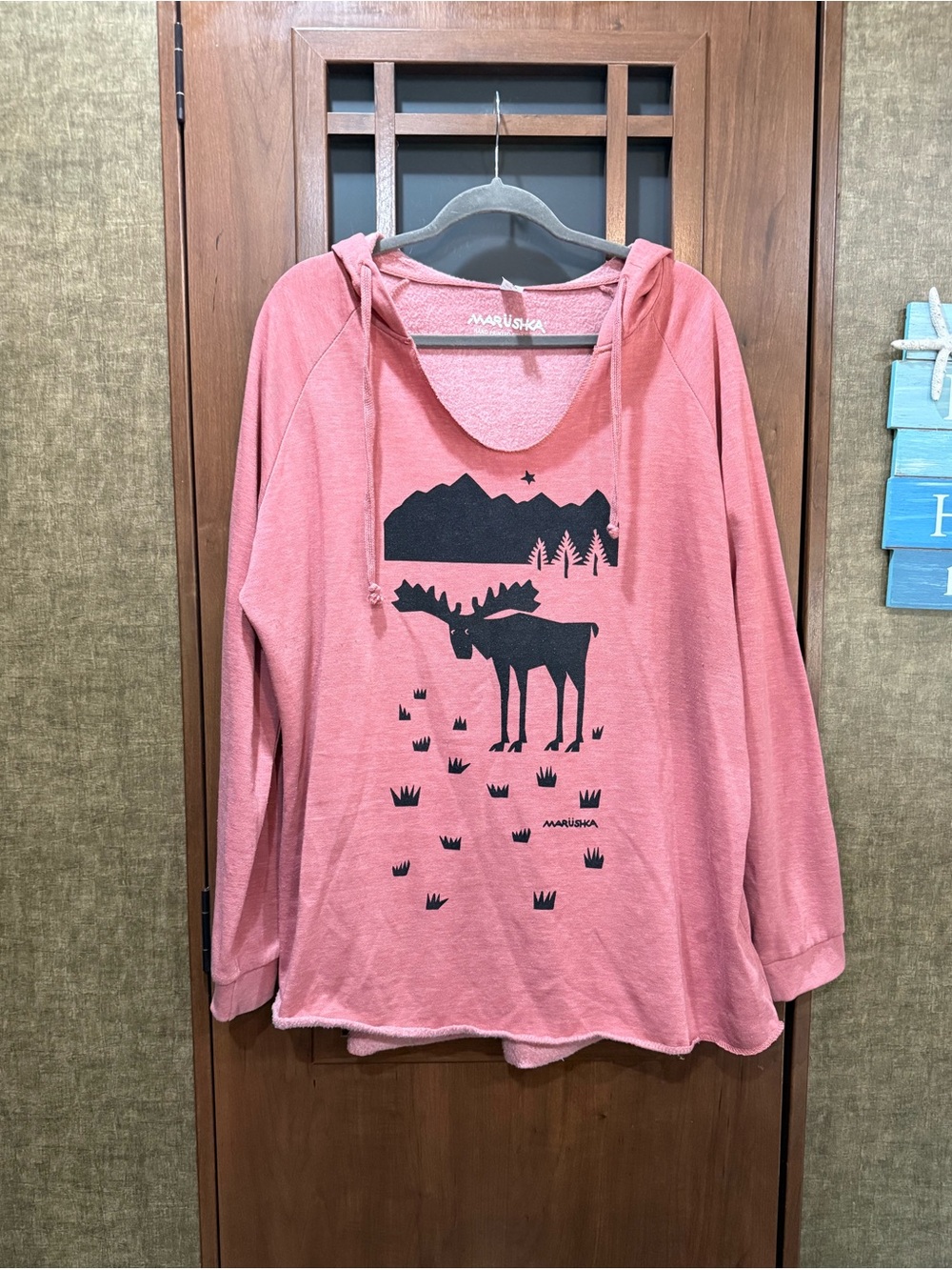 Marushka Women's Pink Hooded Moose Graphic Sweatshirt